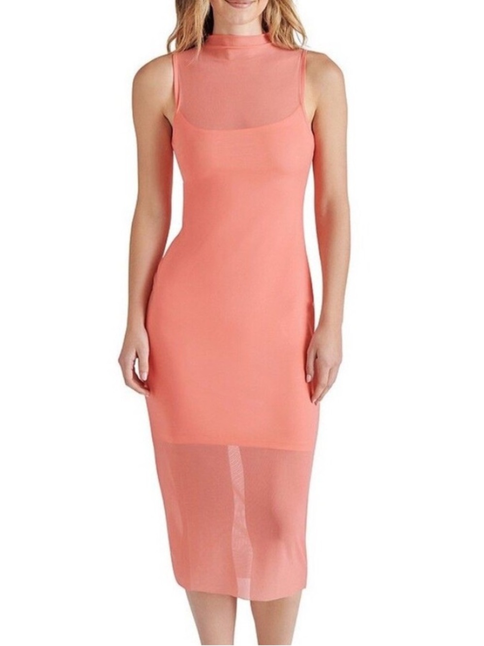 Steve Madden Women M Sugar Coral Mesh Mock Neck Sidra Bodycon Midi Dress NWT